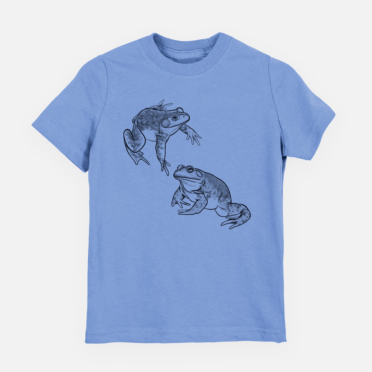 Carolina blue youth t-shirt laid flat, printed with a detailed black ink illustration of two American bullfrogs.