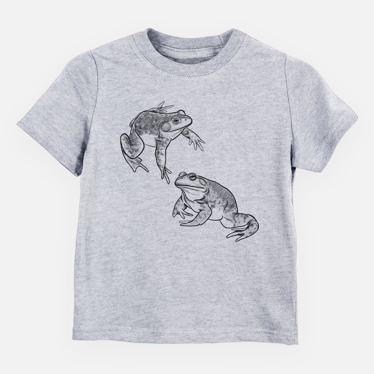 Heather grey toddler t-shirt laid flat, printed with a detailed black ink illustration of two American bullfrogs.