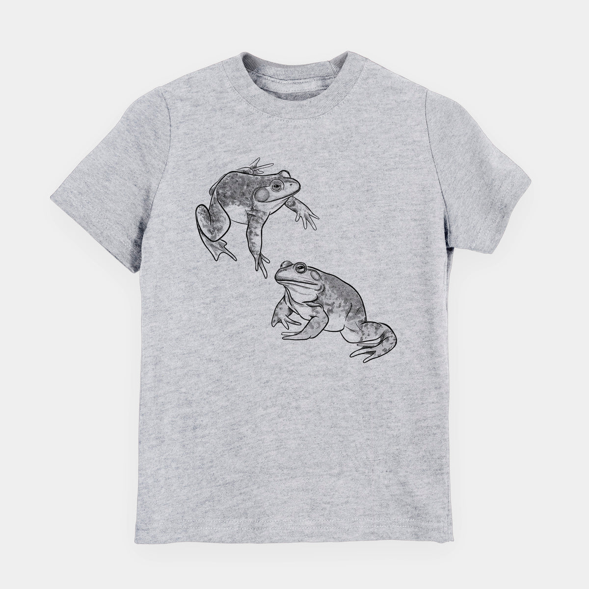 Heather grey youth t-shirt laid flat, printed with a detailed black ink illustration of two American bullfrogs.