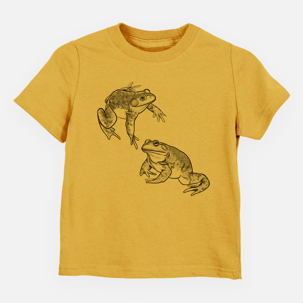 Honeycomb yellow toddler t-shirt laid flat, printed with a detailed black ink illustration of two American bullfrogs.