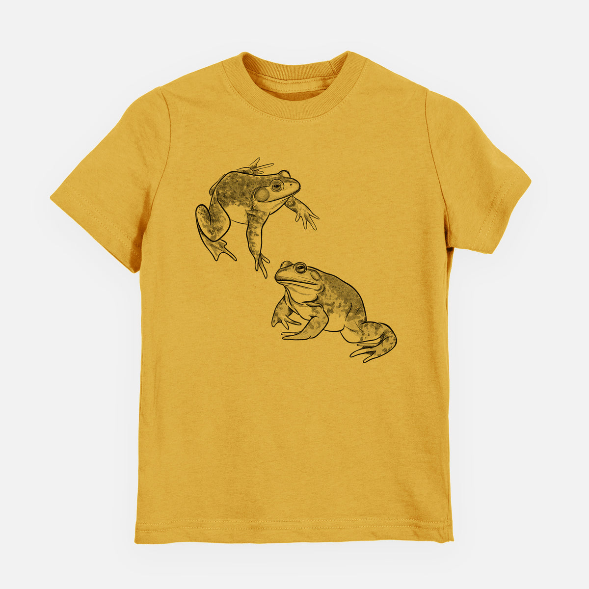 Honeycomb yellow youth t-shirt laid flat, printed with a detailed black ink illustration of two American bullfrogs.