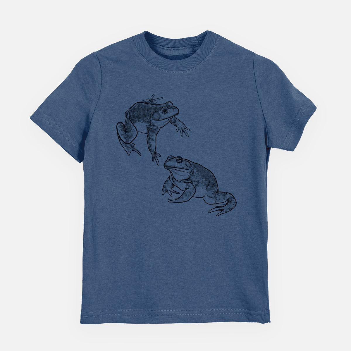Indigo blue youth t-shirt laid flat, printed with a detailed black ink illustration of two American bullfrogs.