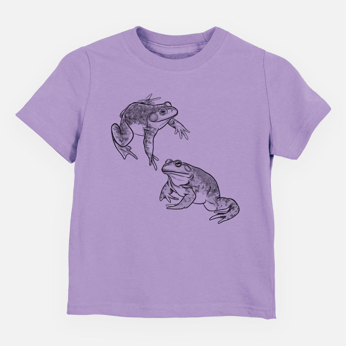Lavender toddler t-shirt laid flat, printed with a detailed black ink illustration of two American bullfrogs.