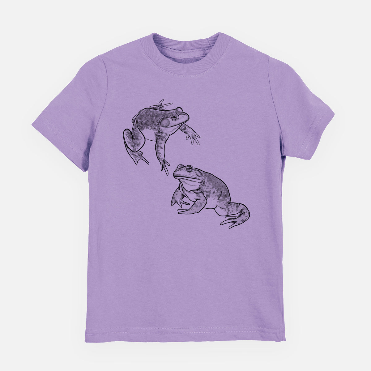 Lavender youth t-shirt laid flat, printed with a detailed black ink illustration of two American bullfrogs.