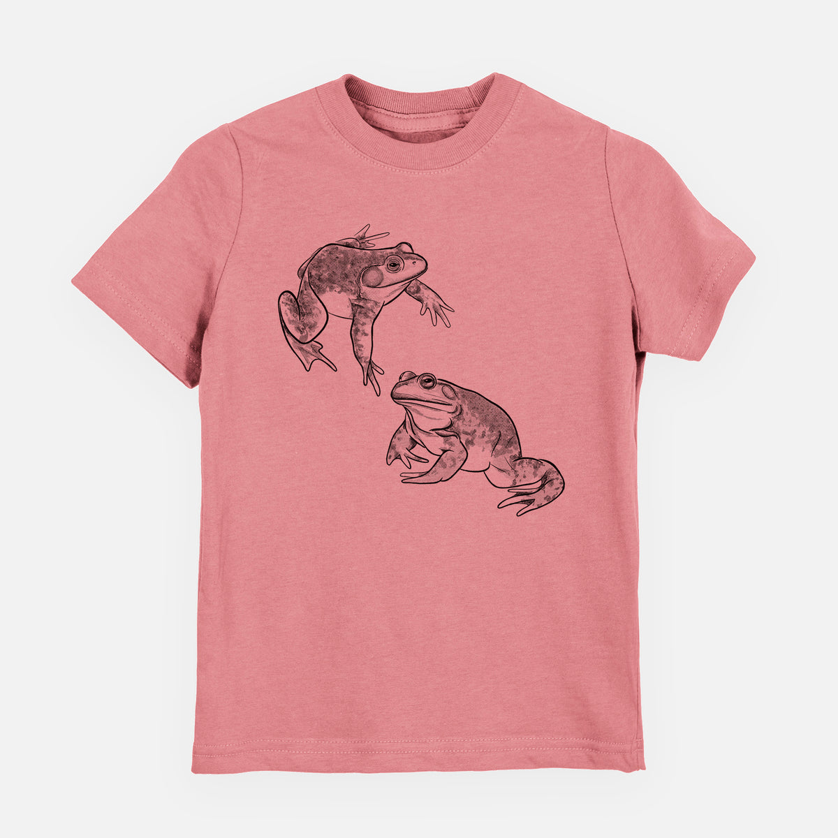 Mauve pink youth t-shirt laid flat, printed with a detailed black ink illustration of two American bullfrogs.