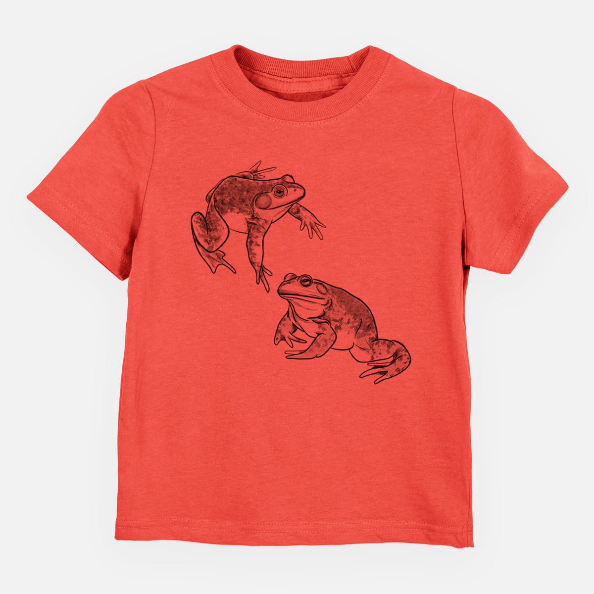 Passionfruit pink toddler t-shirt laid flat, printed with a detailed black ink illustration of two American bullfrogs.