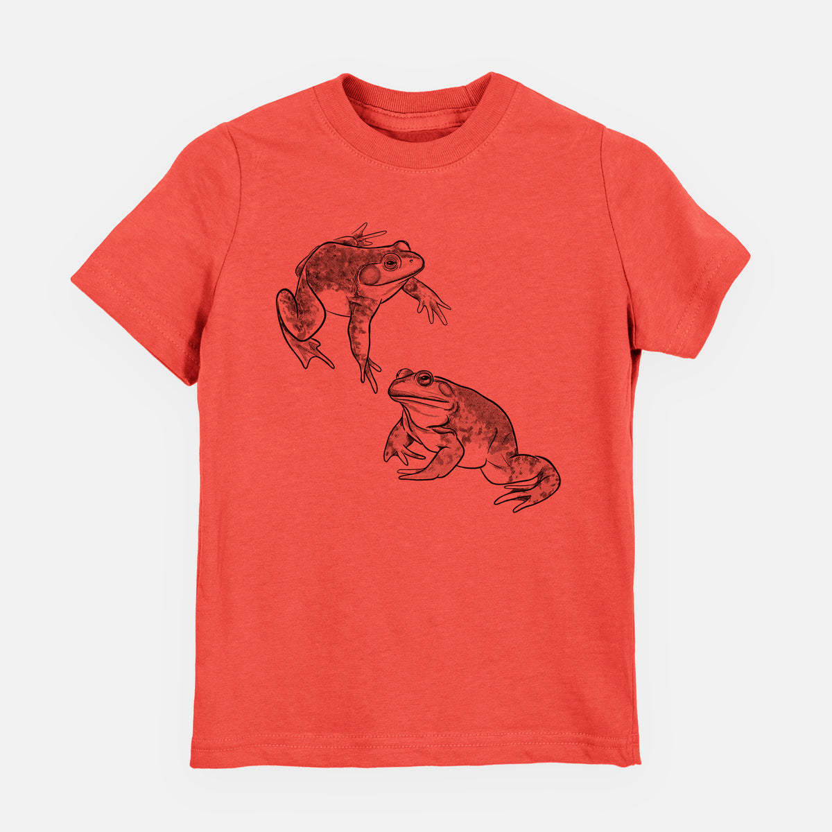 Passionfruit pink youth t-shirt laid flat, printed with a detailed black ink illustration of two American bullfrogs.