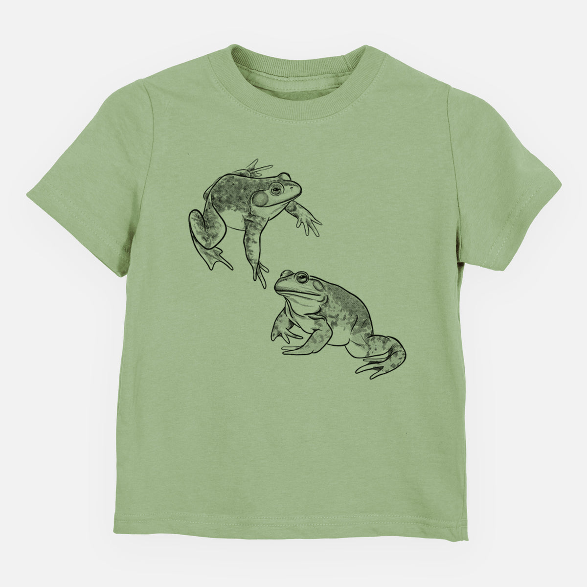 Sage green toddler t-shirt laid flat, printed with a detailed black ink illustration of two American bullfrogs.