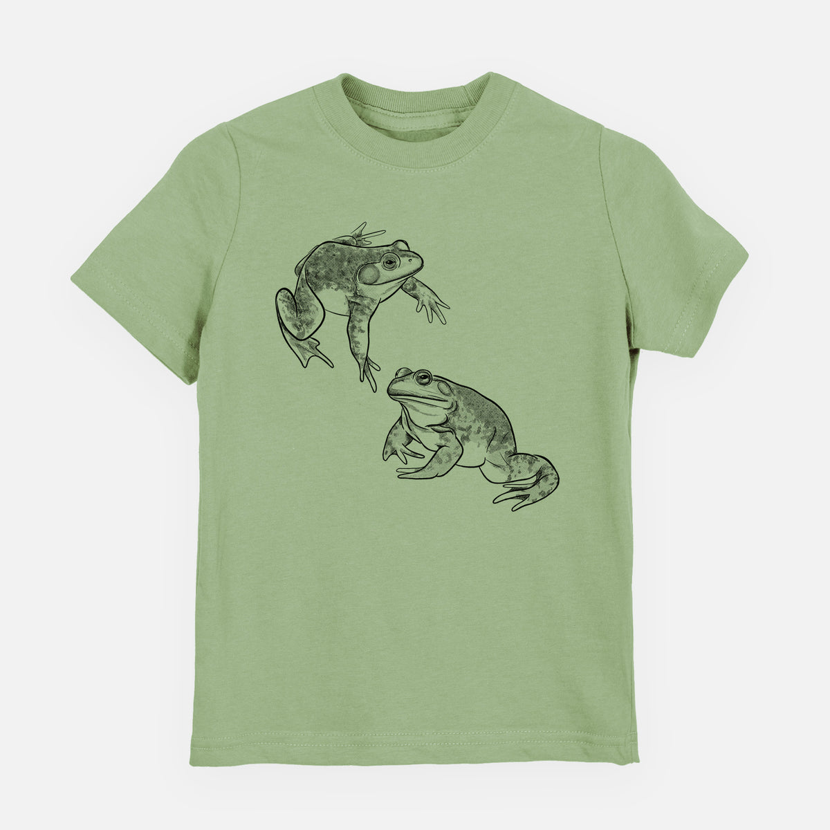 Sage green youth t-shirt laid flat, printed with a detailed black ink illustration of two American bullfrogs.