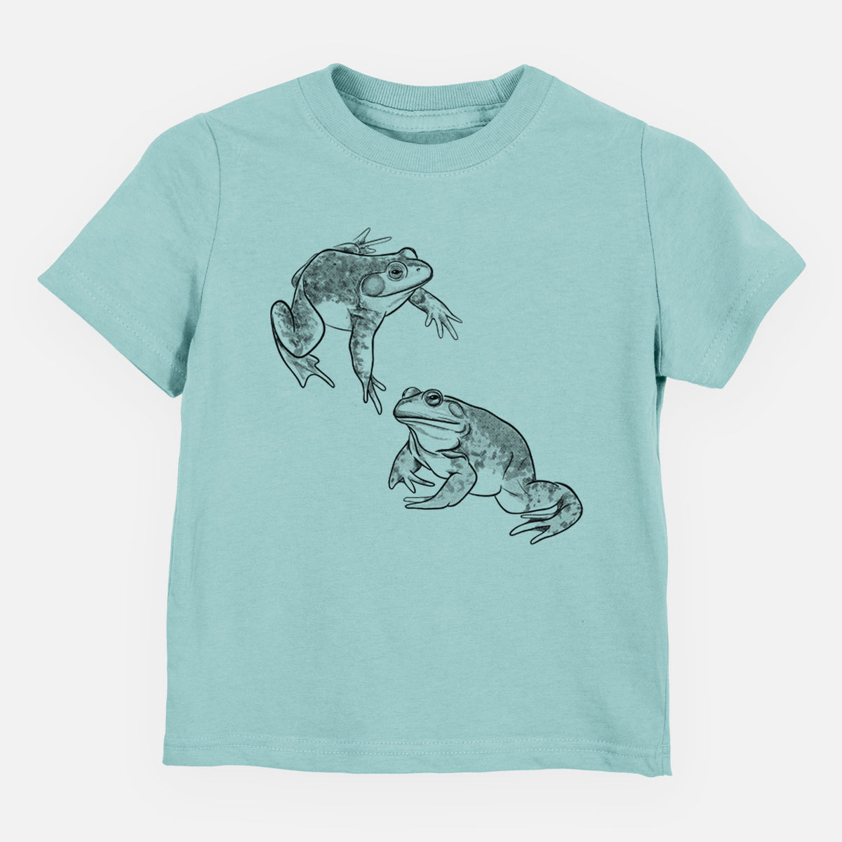 Saltwater toddler t-shirt laid flat, printed with a detailed black ink illustration of two American bullfrogs.