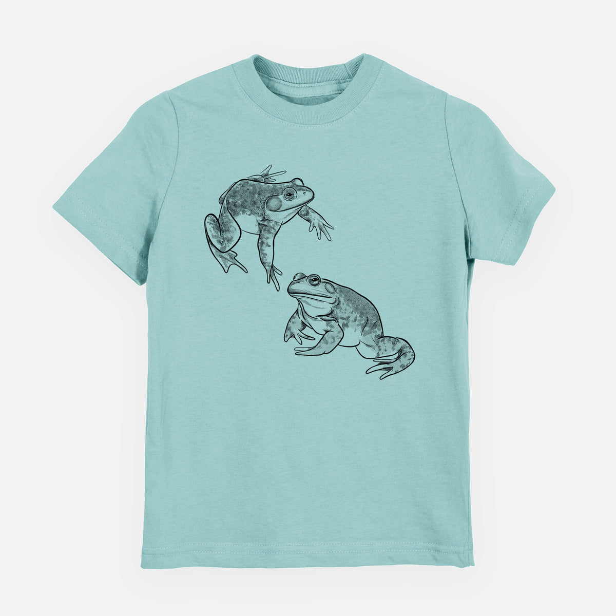 Saltwater youth t-shirt laid flat, printed with a detailed black ink illustration of two American bullfrogs.