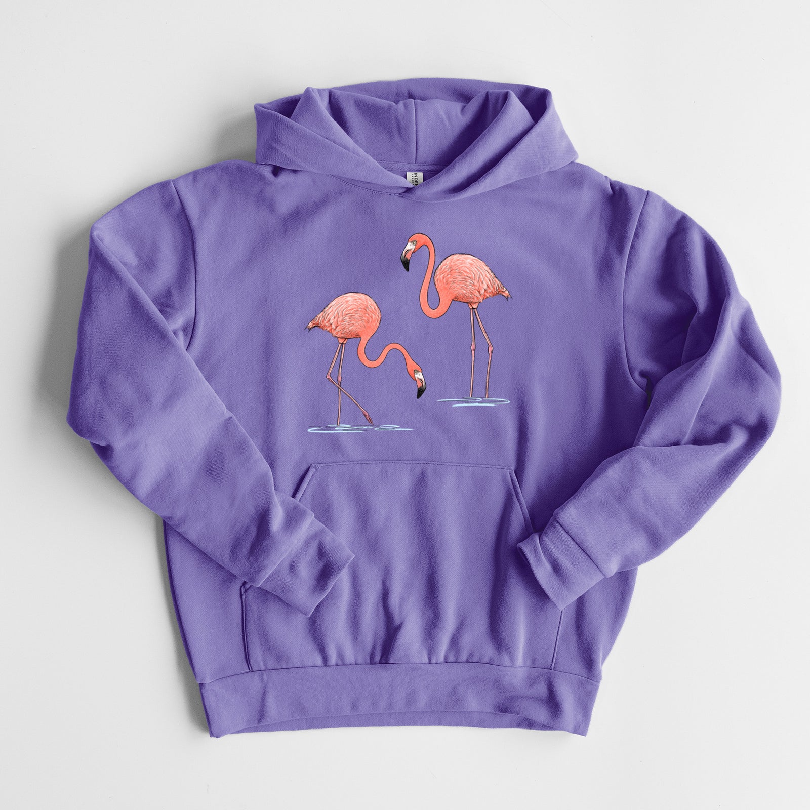 American Flamingos - Phoenicopterus ruber - Statement Midweight Hoodie in Violet, laid flat, showing the oversized boxy fit and front kangaroo pocket.