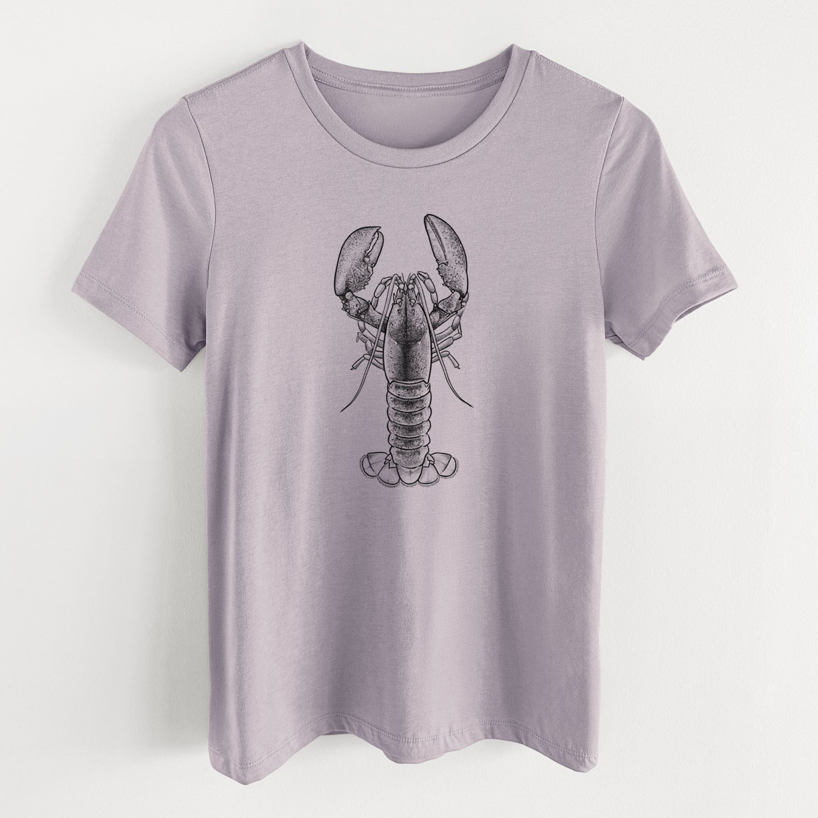 Light violet women's relaxed fit cotton t-shirt laid flat, printed with a detailed black ink illustration of an American lobster with its claws raised, seen from above.