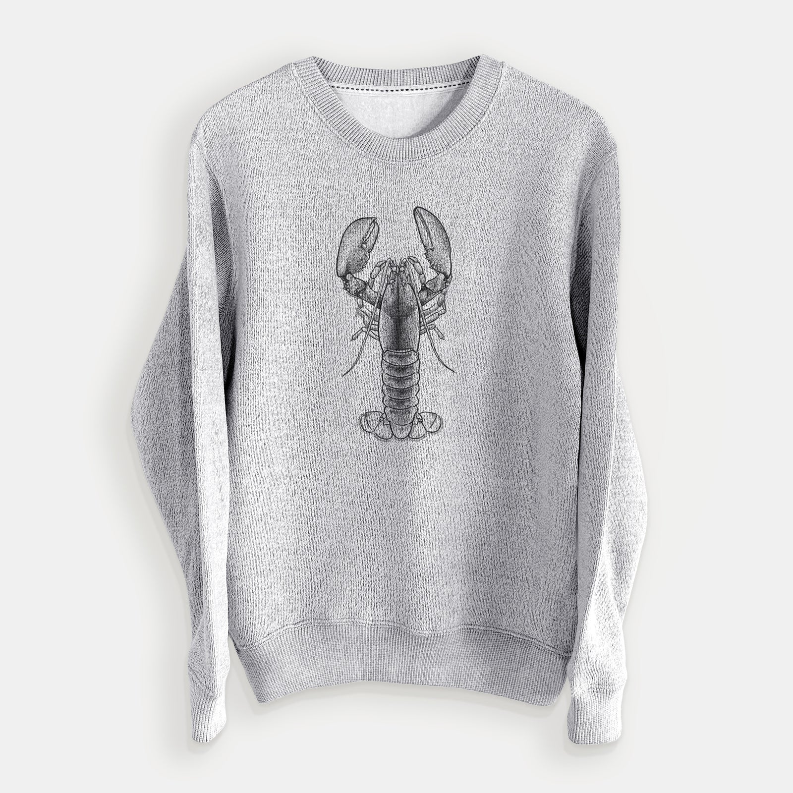 Salt and pepper knit sweatshirt laid flat, printed with a detailed black ink illustration of an American lobster with its claws raised, seen from above.