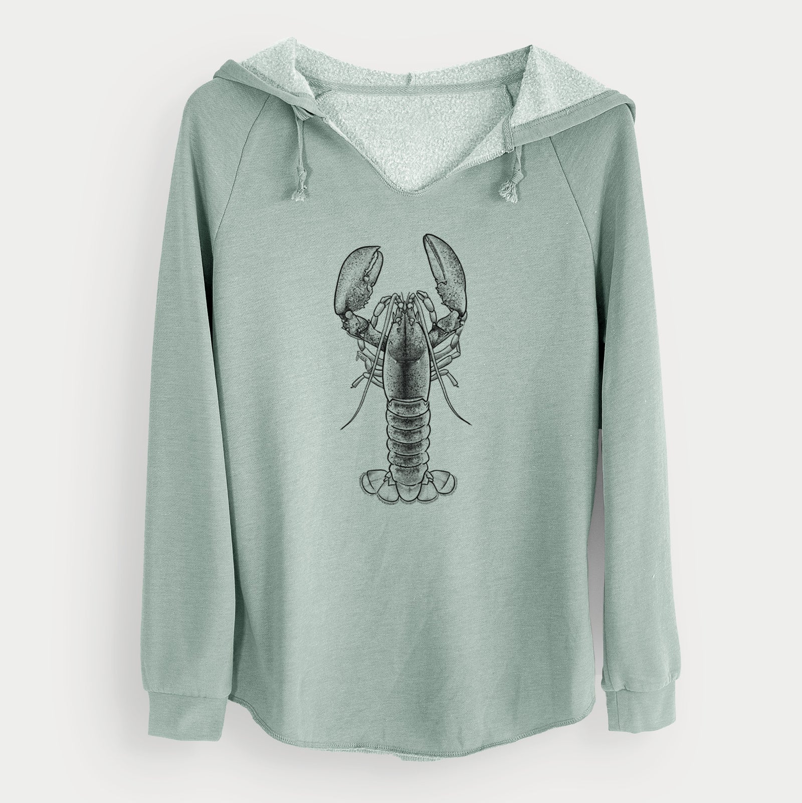 Sage green women's Cali Wave hooded sweatshirt laid flat, printed with a detailed black ink illustration of an American lobster with its claws raised, seen from above.