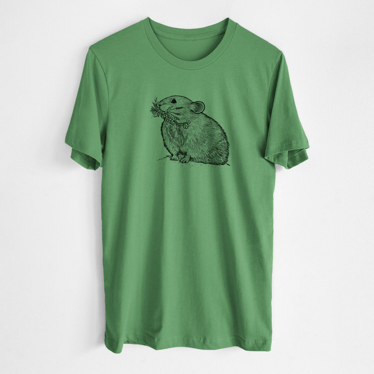 Leaf green lightweight cotton t-shirt laid flat, printed with a detailed black ink illustration of an American pika holding flowers and grass in its mouth.