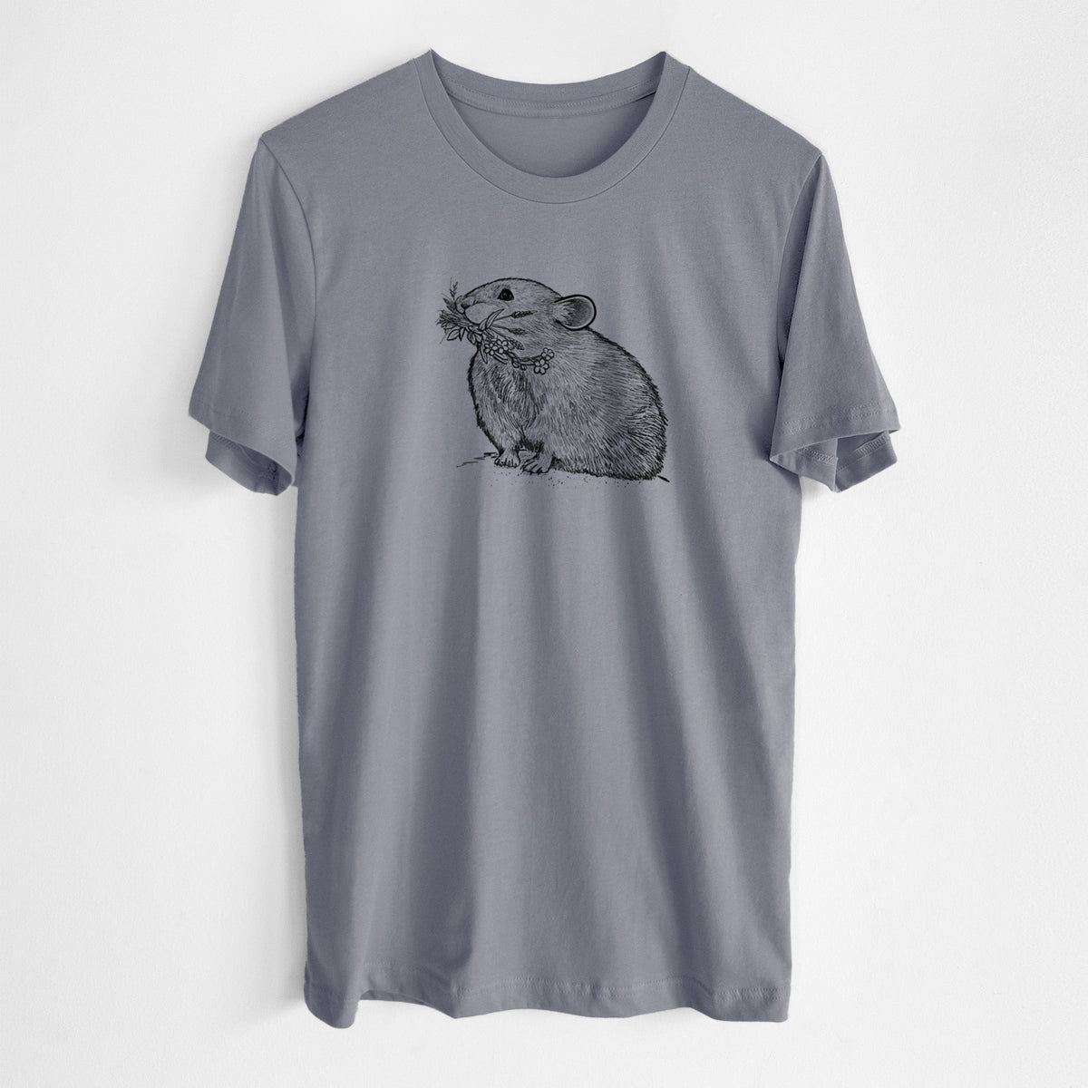 Storm grey lightweight cotton t-shirt laid flat, printed with a detailed black ink illustration of an American pika holding flowers and grass in its mouth.