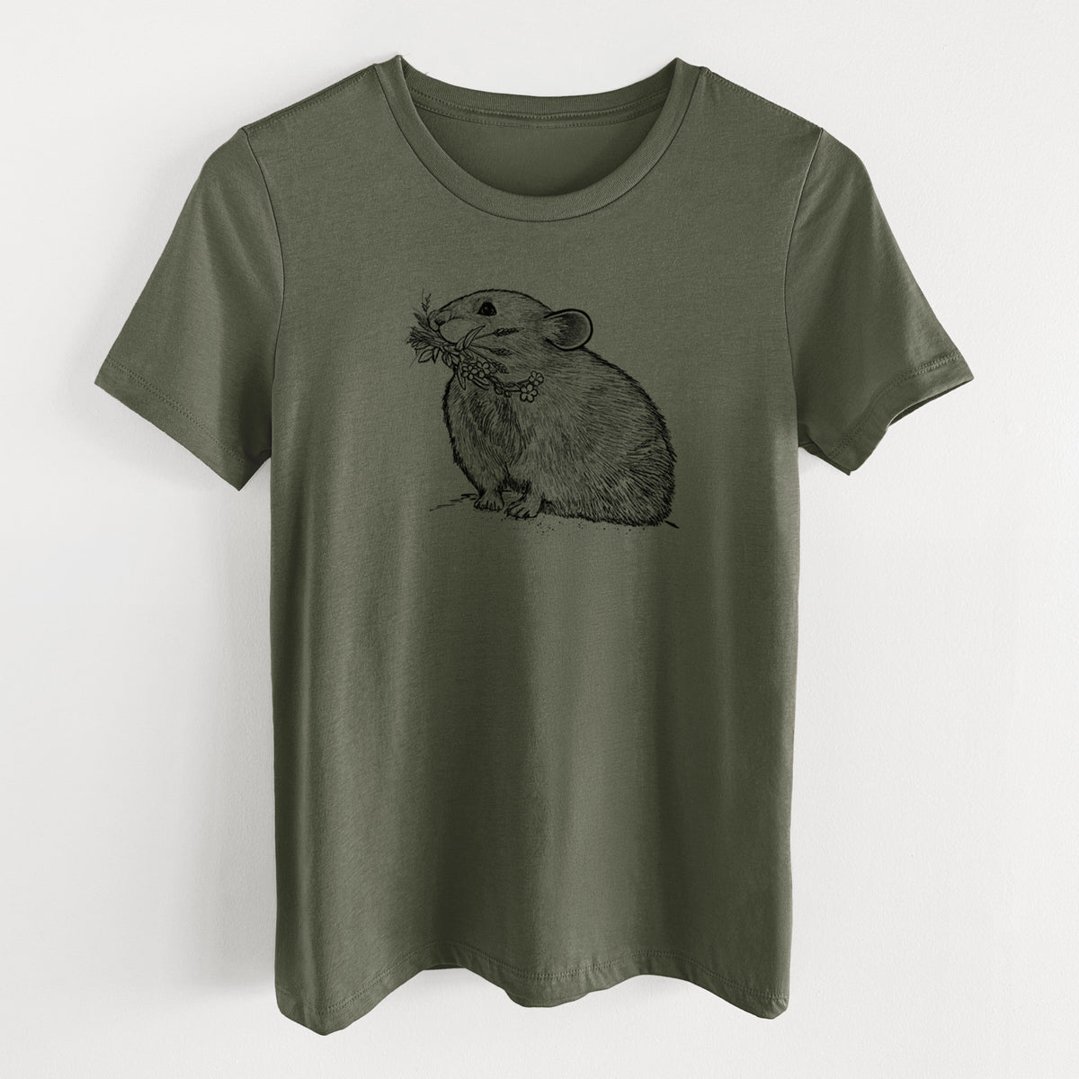 Military green women's relaxed fit cotton t-shirt laid flat, printed with a detailed black ink illustration of an American pika holding flowers and grass in its mouth.
