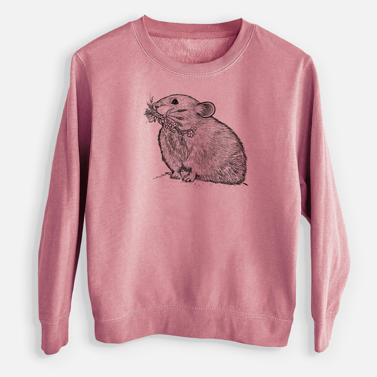 Mauve pink youth crewneck sweatshirt laid flat, printed with a detailed black ink illustration of an American pika holding flowers and grass in its mouth.