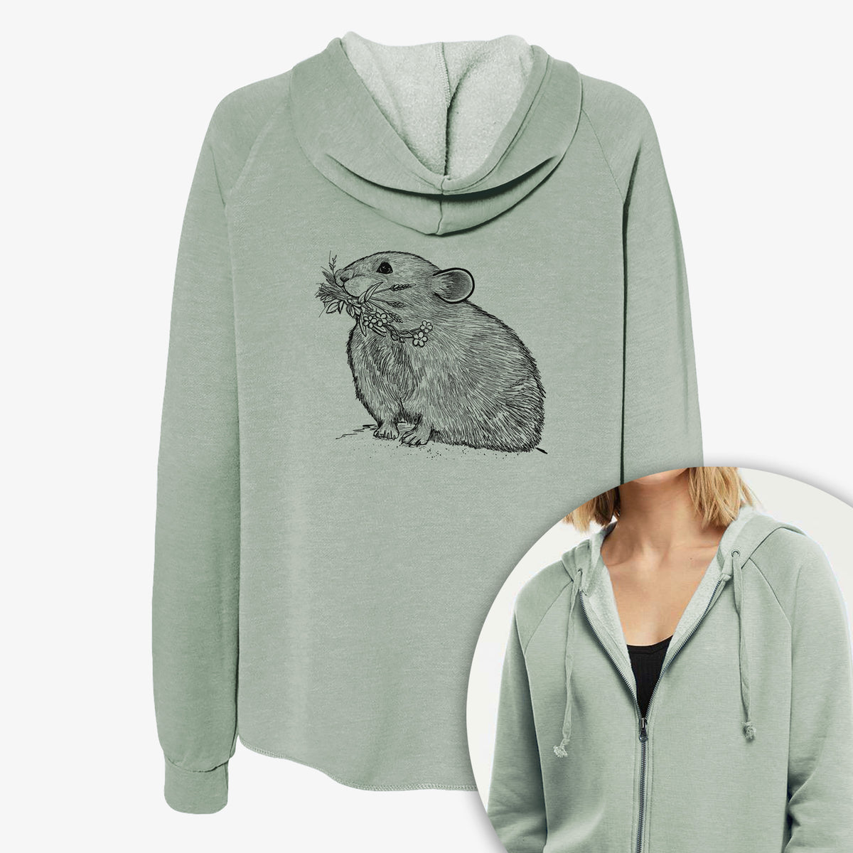 Women's Cali Wave zip-up sweatshirt printed with a detailed black ink illustration of an American pika holding flowers and grass in its mouth, with a close-up of the zipper.