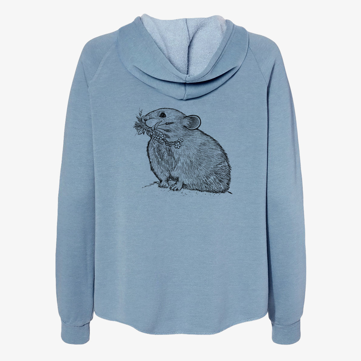 Misty blue women's Cali Wave zip-up sweatshirt laid flat, printed with a detailed black ink illustration of an American pika holding flowers and grass in its mouth.