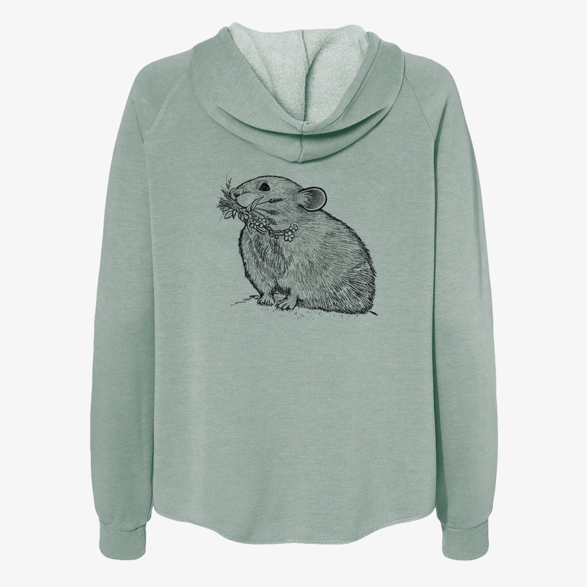 Sage green women's Cali Wave zip-up sweatshirt laid flat, printed with a detailed black ink illustration of an American pika holding flowers and grass in its mouth.