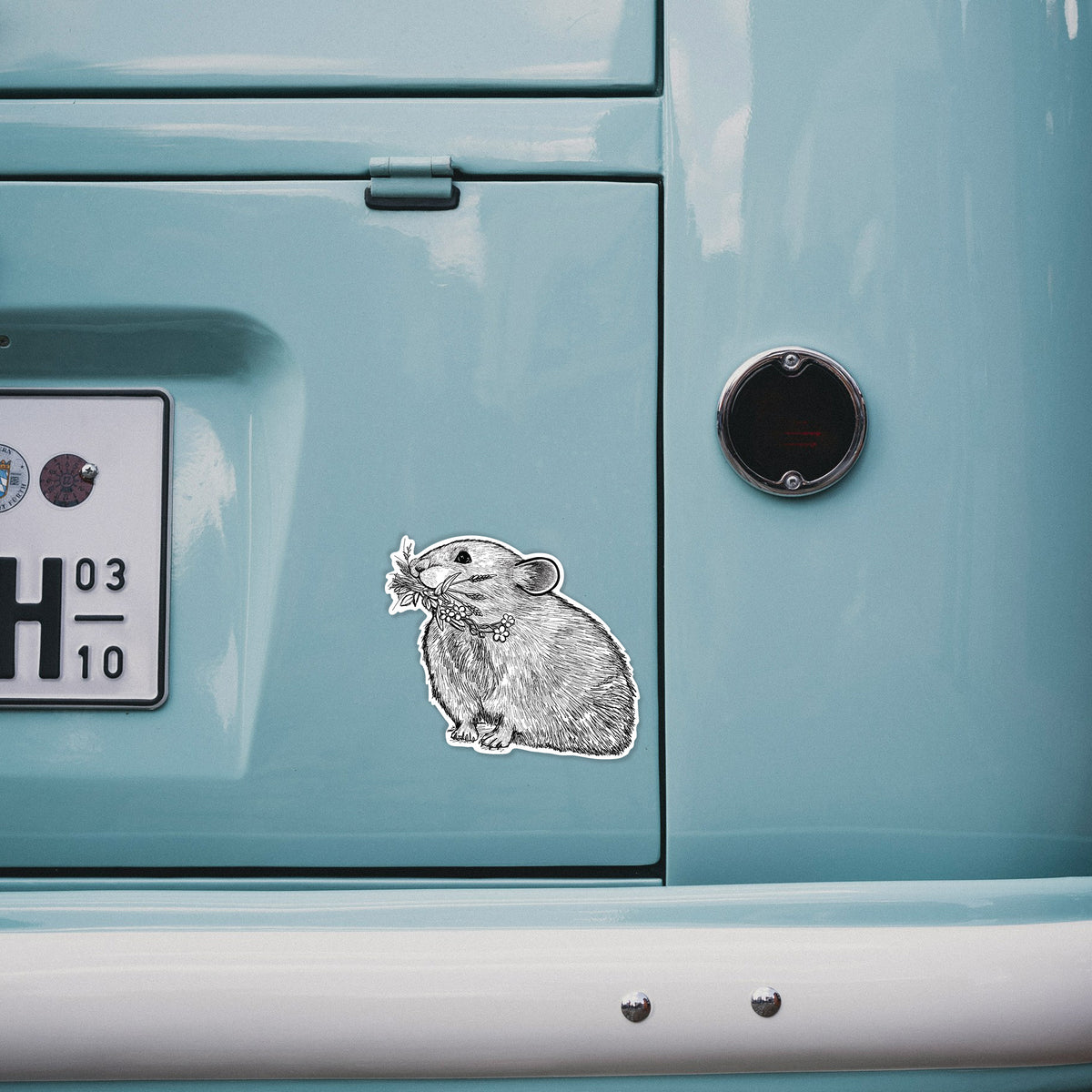 4 inch vinyl decal of a detailed black ink illustration of an American pika holding flowers and grass in its mouth on the back of a van.