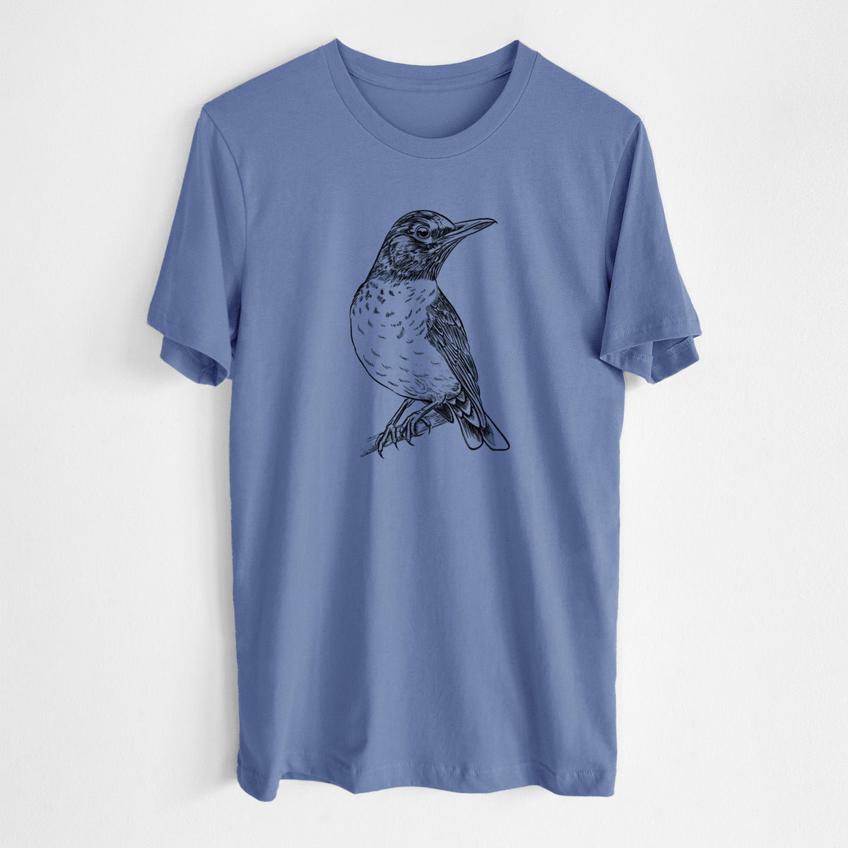 Blue bell lightweight cotton t-shirt laid flat, printed with a detailed black ink sketch of an American robin perched on a branch.