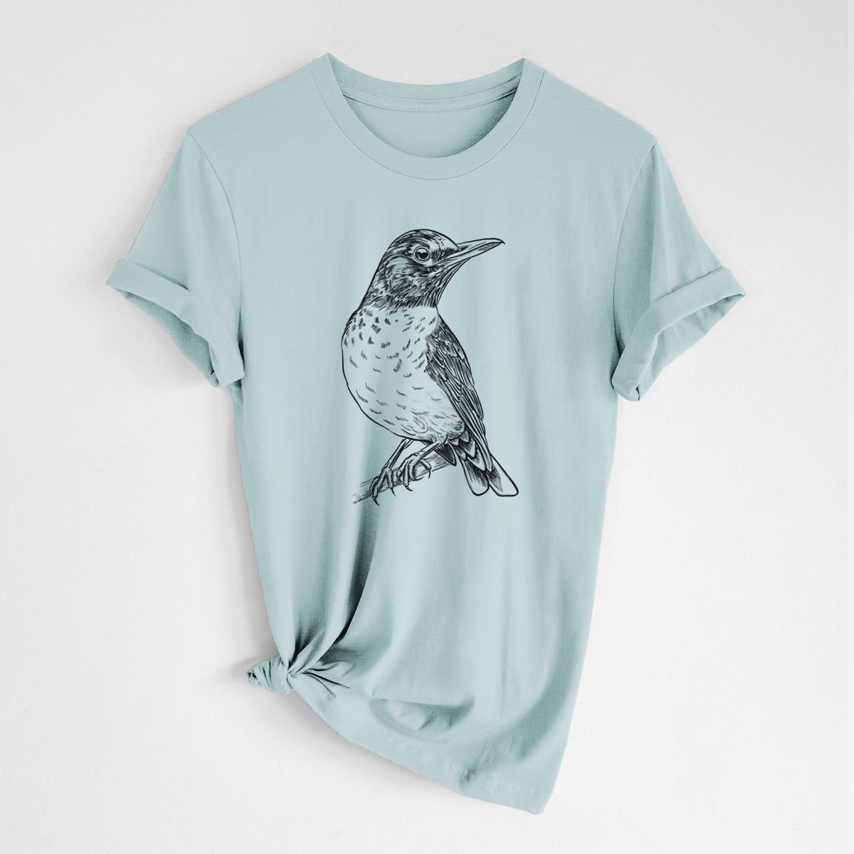 Dusty blue lightweight cotton t-shirt laid flat with the sleeves rolled, printed with a detailed black ink sketch of an American robin perched on a branch.