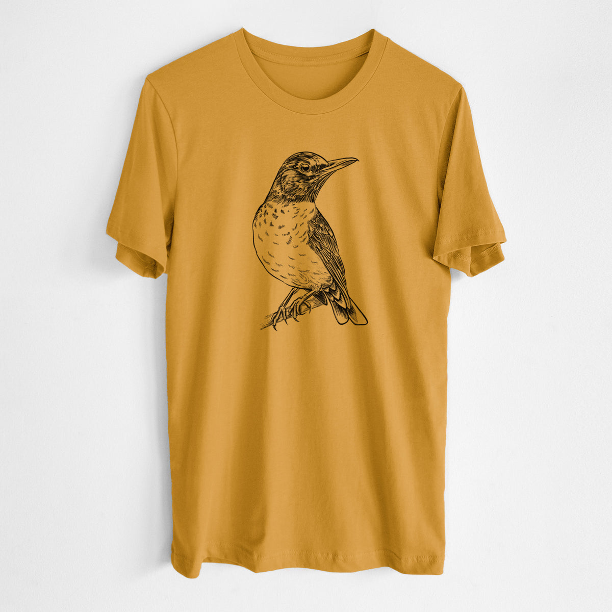 Honeycomb yellow lightweight cotton t-shirt laid flat, printed with a detailed black ink sketch of an American robin perched on a branch.