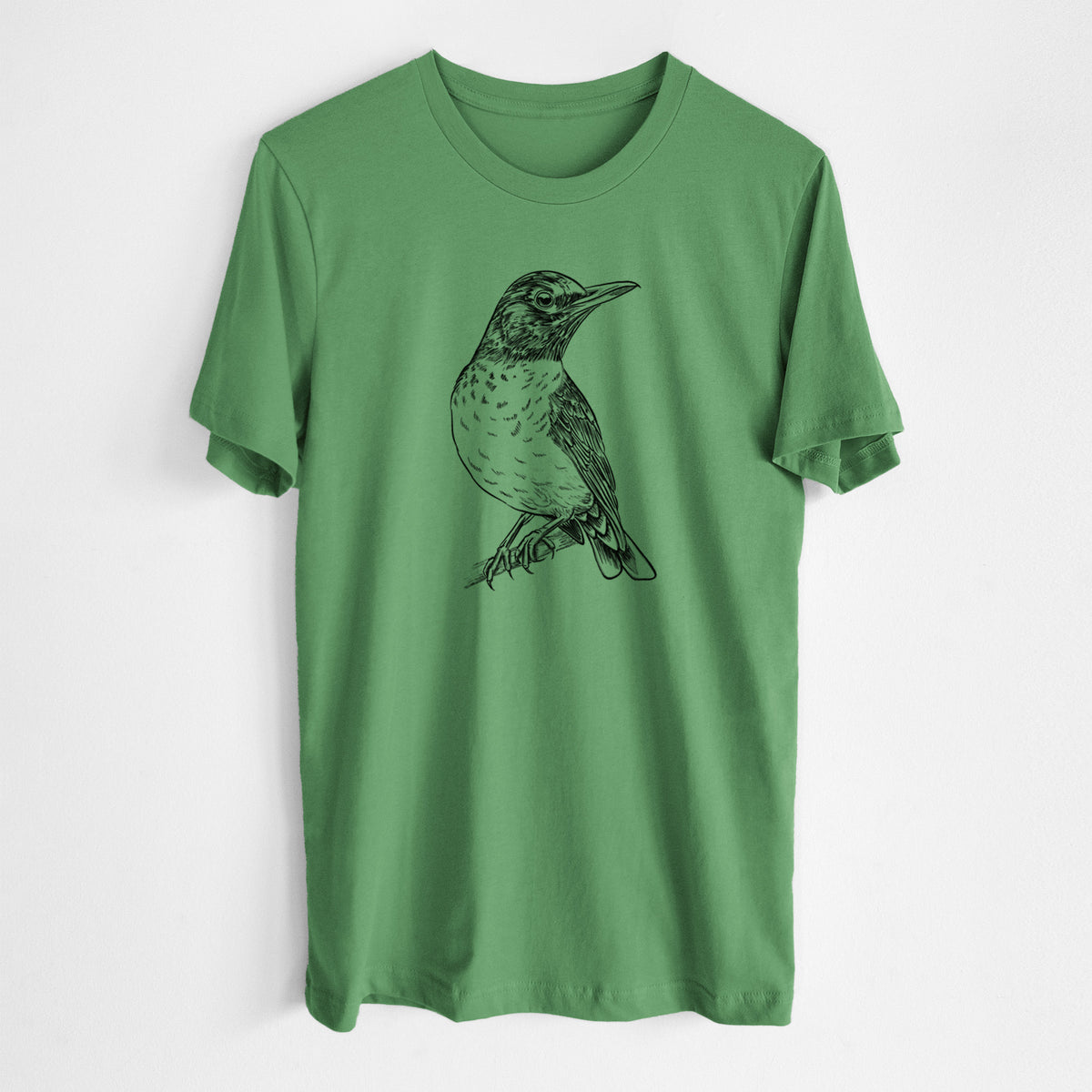 Leaf green lightweight cotton t-shirt laid flat, printed with a detailed black ink sketch of an American robin perched on a branch.