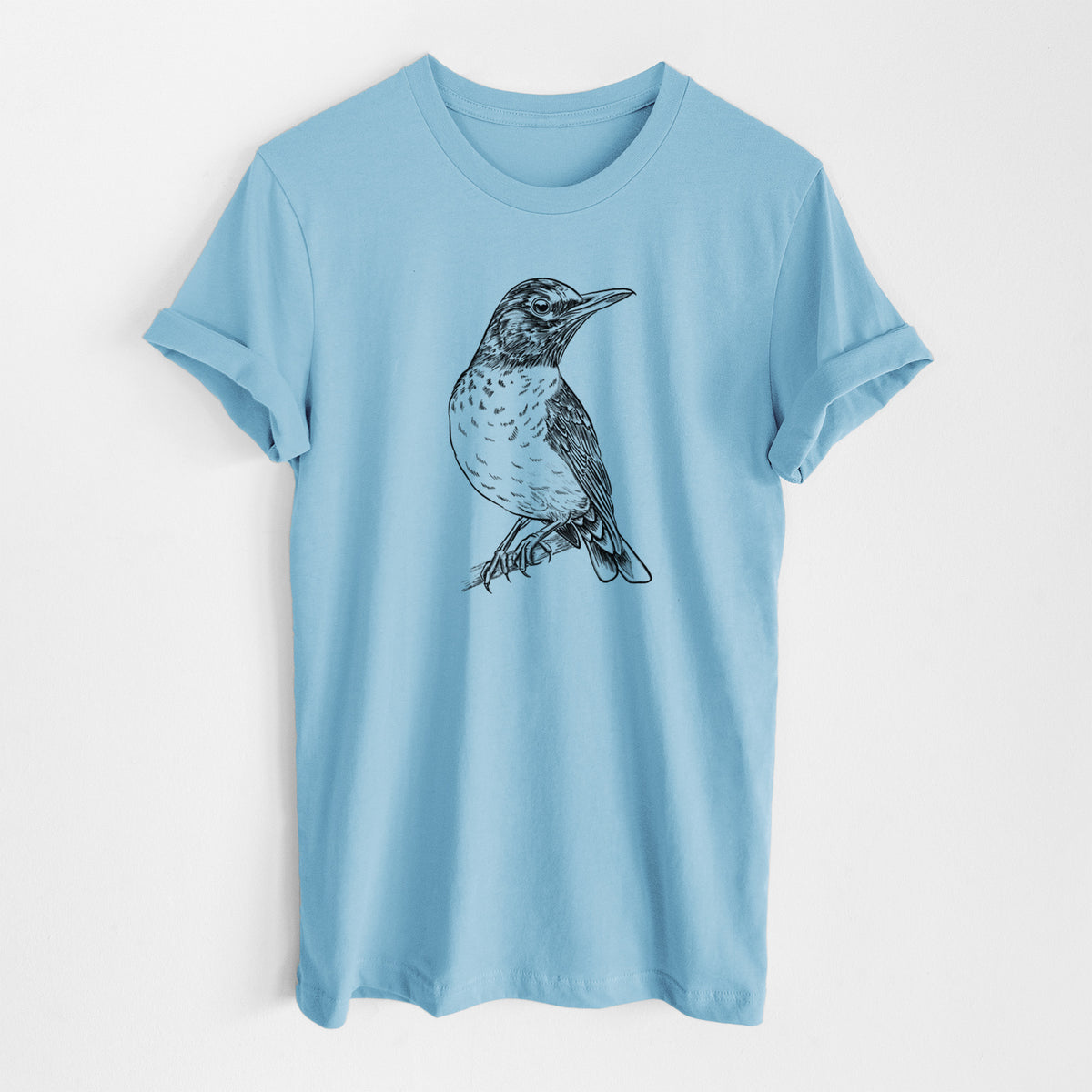 Ocean blue lightweight cotton t-shirt laid flat, printed with a detailed black ink sketch of an American robin perched on a branch.