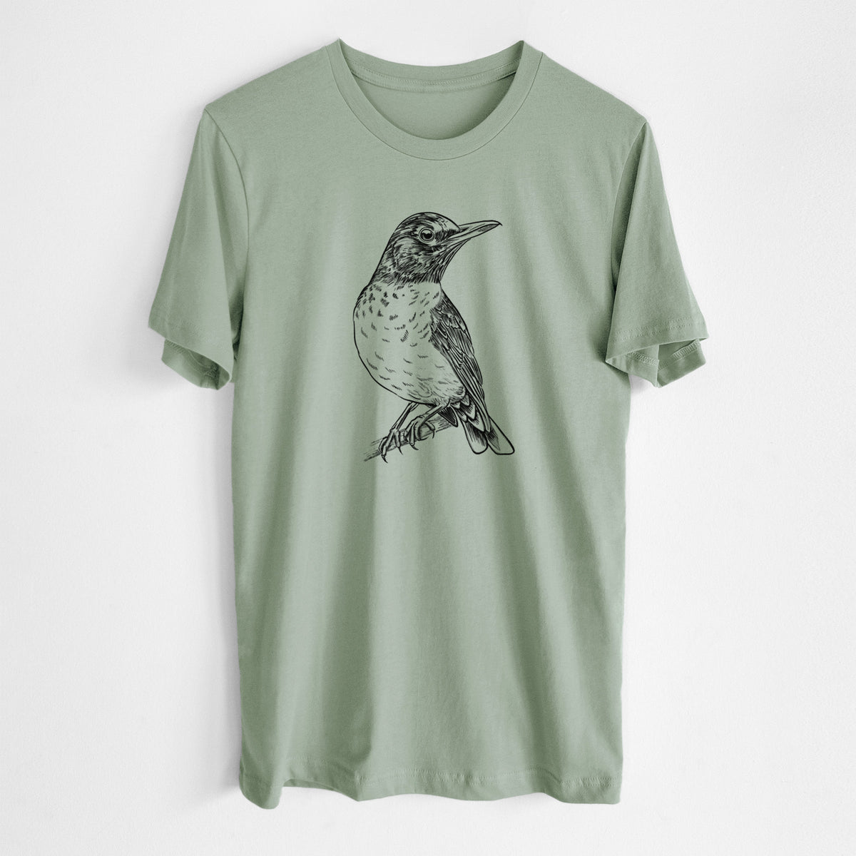 Sage green lightweight cotton t-shirt laid flat, printed with a detailed black ink sketch of an American robin perched on a branch.