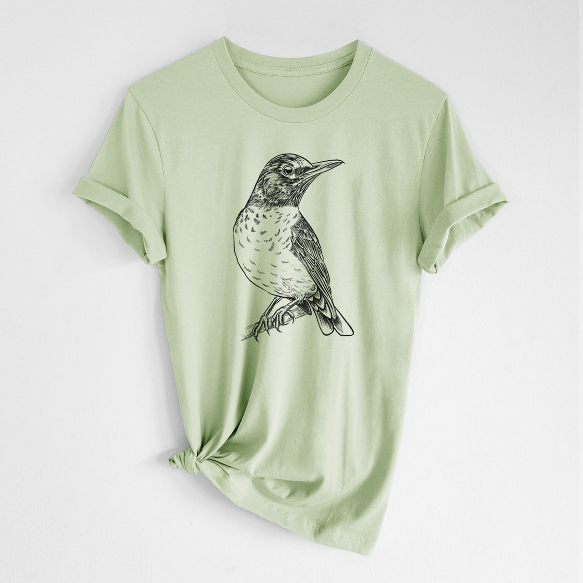 Spring green lightweight cotton t-shirt laid flat with the sleeves rolled, printed with a detailed black ink sketch of an American robin perched on a branch.