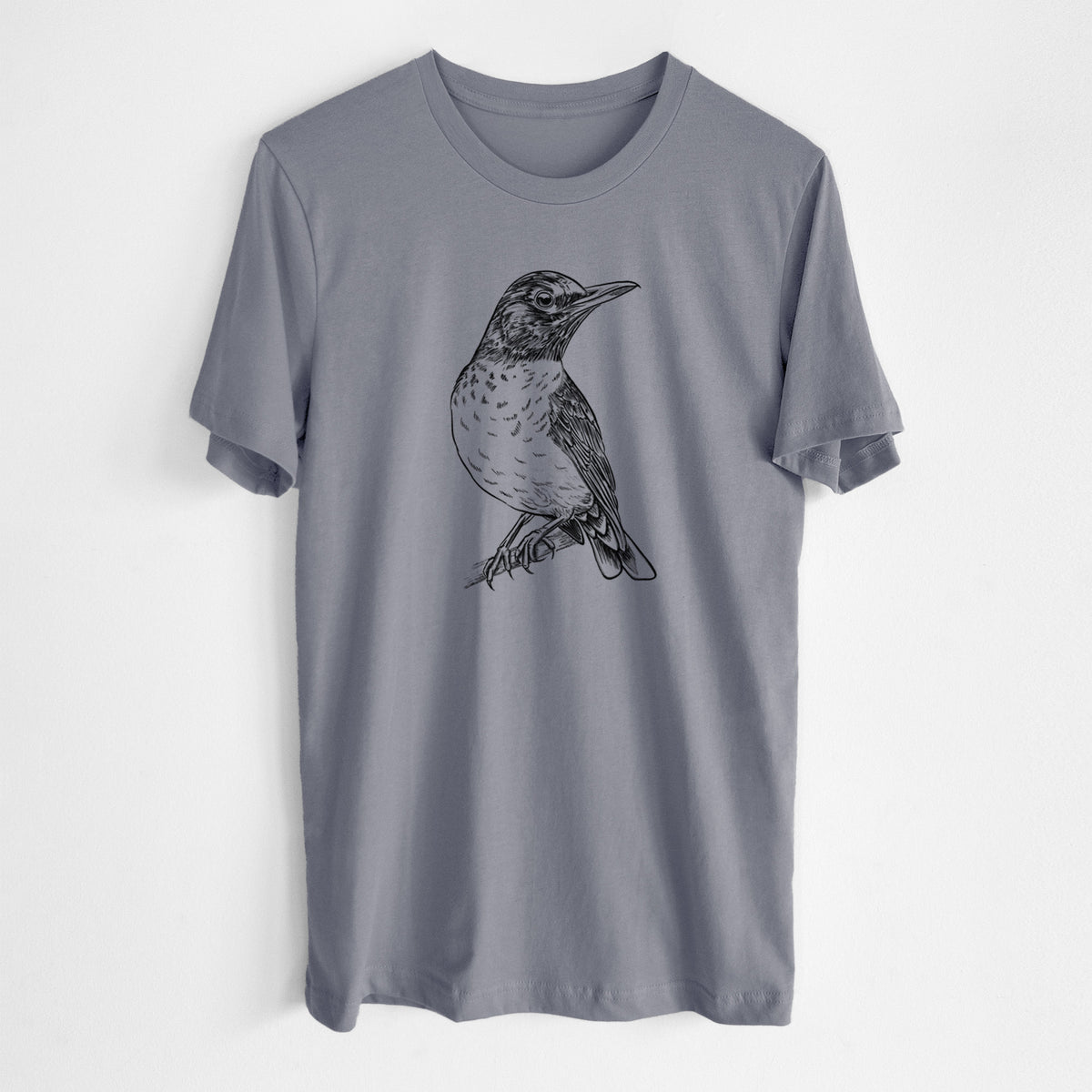 Storm grey lightweight cotton t-shirt laid flat, printed with a detailed black ink sketch of an American robin perched on a branch.