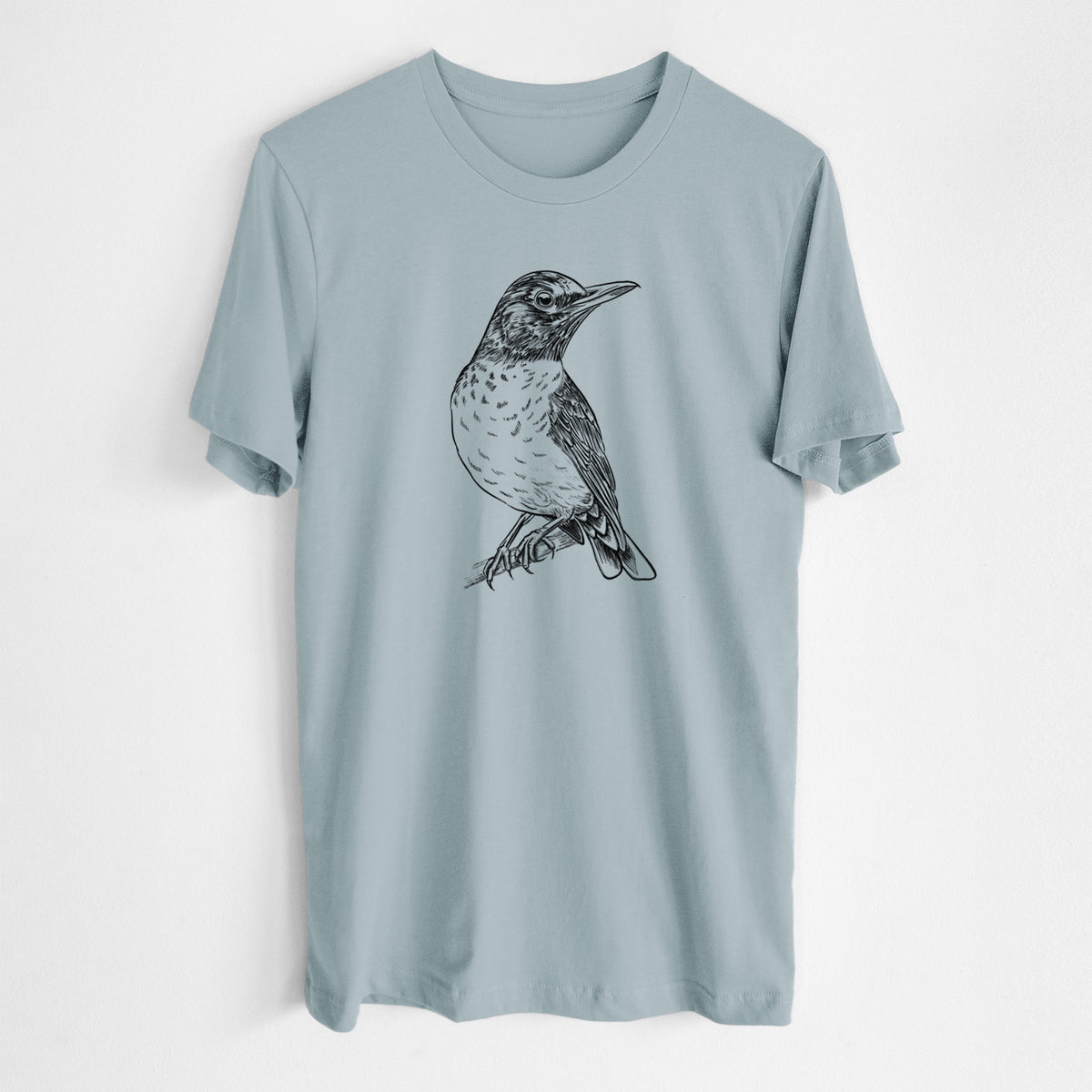 Vintage denim lightweight cotton t-shirt laid flat, printed with a detailed black ink sketch of an American robin perched on a branch.