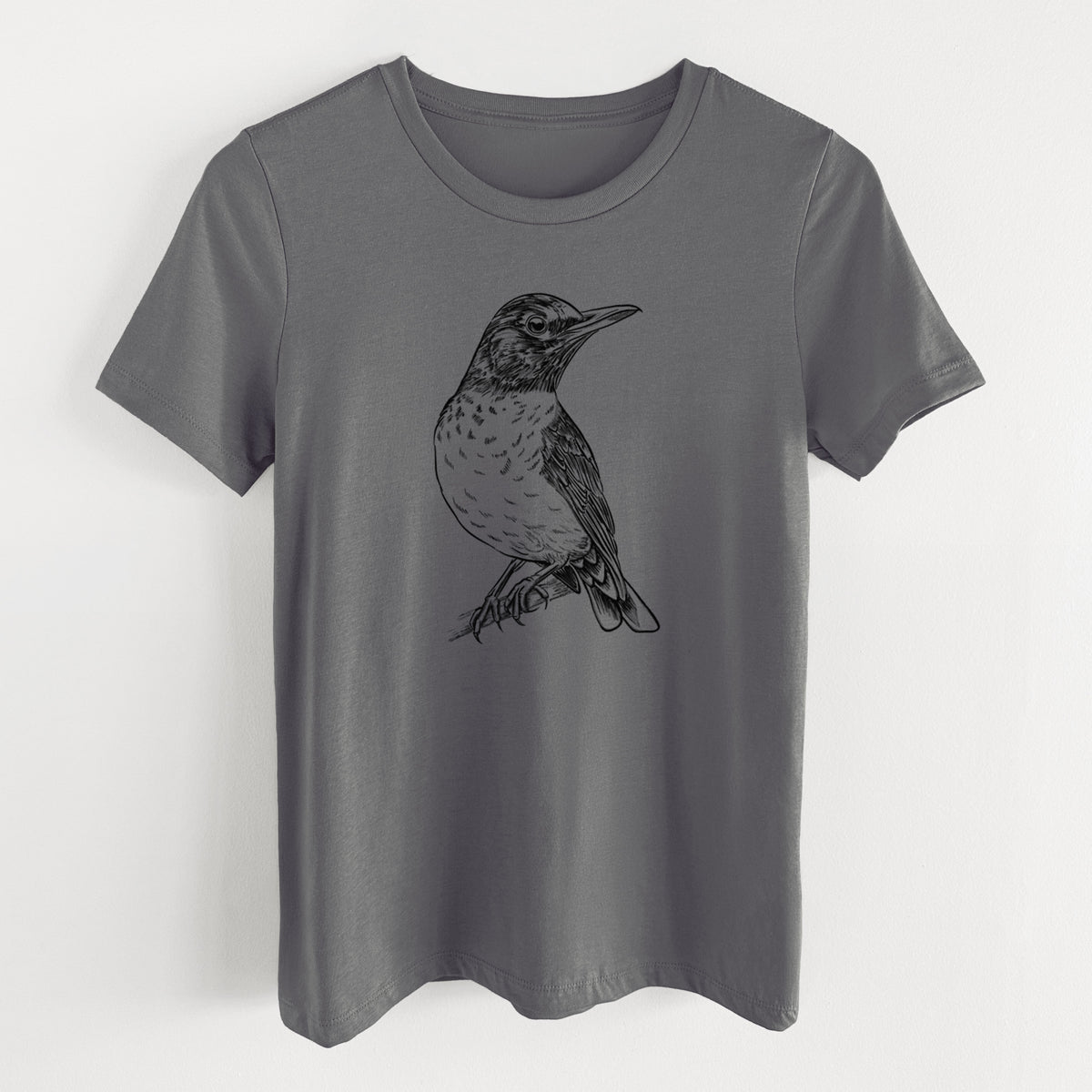 Asphalt women's relaxed fit cotton t-shirt laid flat, printed with a detailed black ink sketch of an American robin perched on a branch.