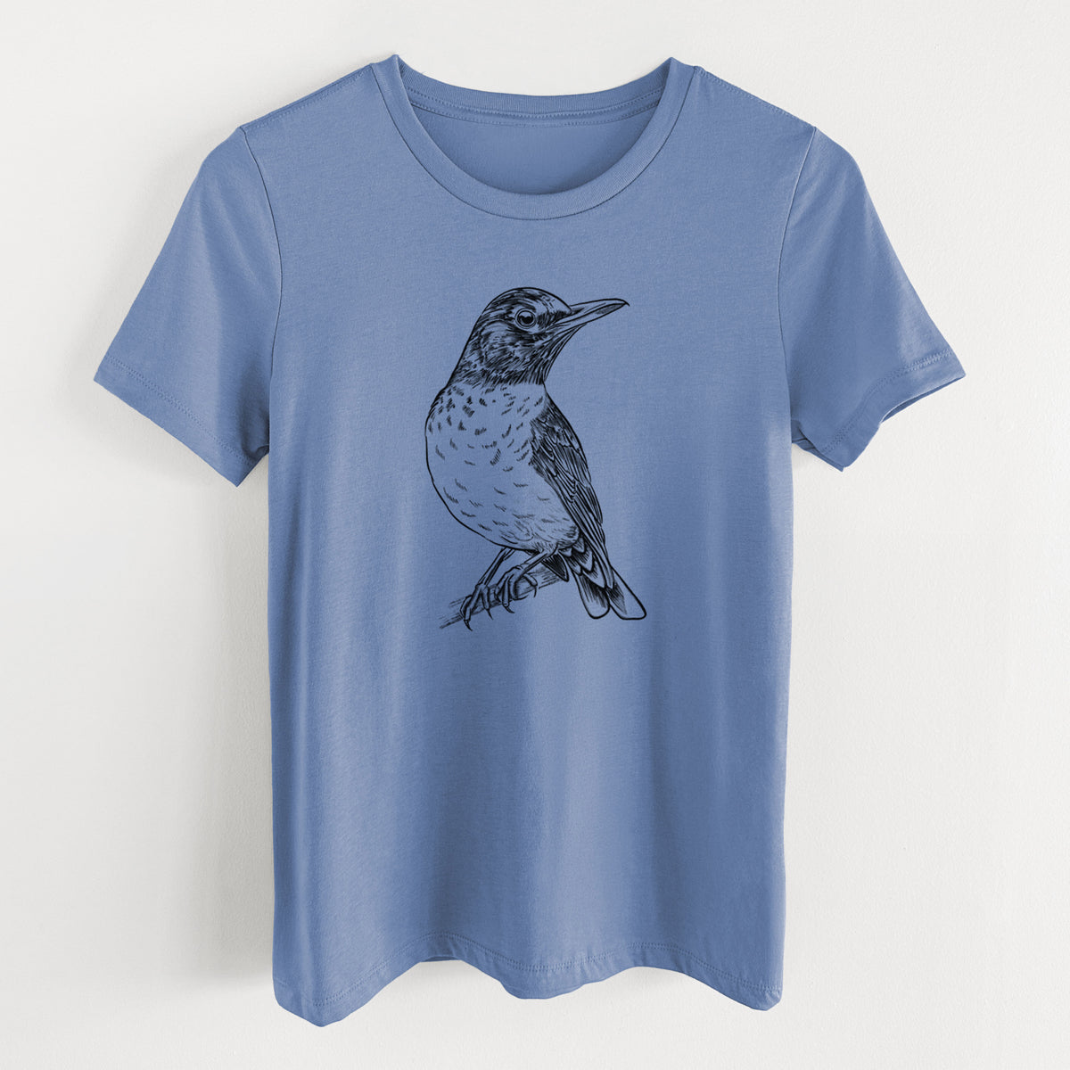 Blue bell women's relaxed fit cotton t-shirt laid flat, printed with a detailed black ink sketch of an American robin perched on a branch.