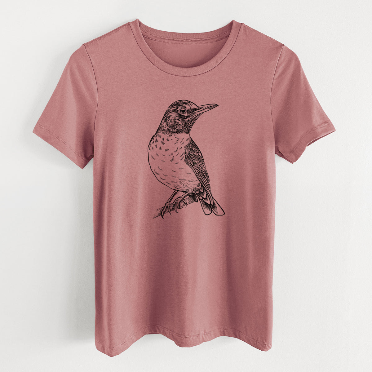 Mauve pink women's relaxed fit cotton t-shirt laid flat, printed with a detailed black ink sketch of an American robin perched on a branch.