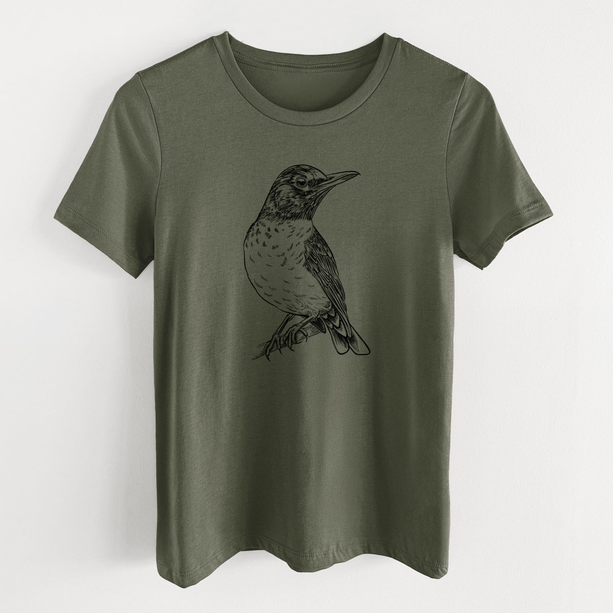 Military green women's relaxed fit cotton t-shirt laid flat, printed with a detailed black ink sketch of an American robin perched on a branch.