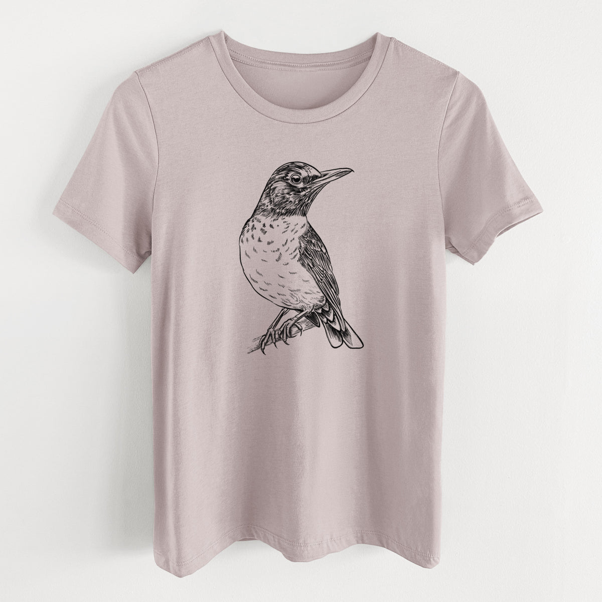 Pink gravel women's relaxed fit cotton t-shirt laid flat, printed with a detailed black ink sketch of an American robin perched on a branch.