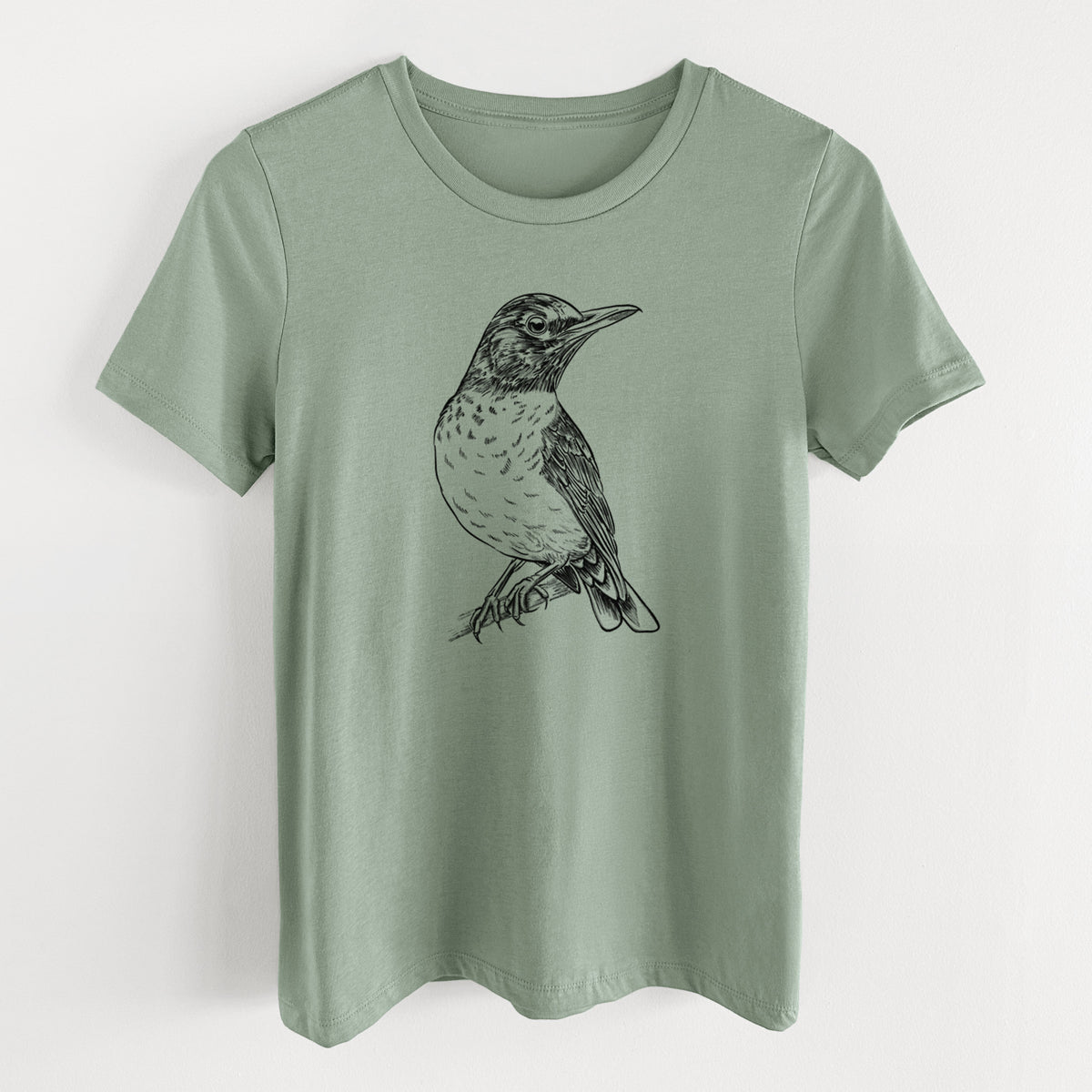 Sage green women's relaxed fit cotton t-shirt laid flat, printed with a detailed black ink sketch of an American robin perched on a branch.