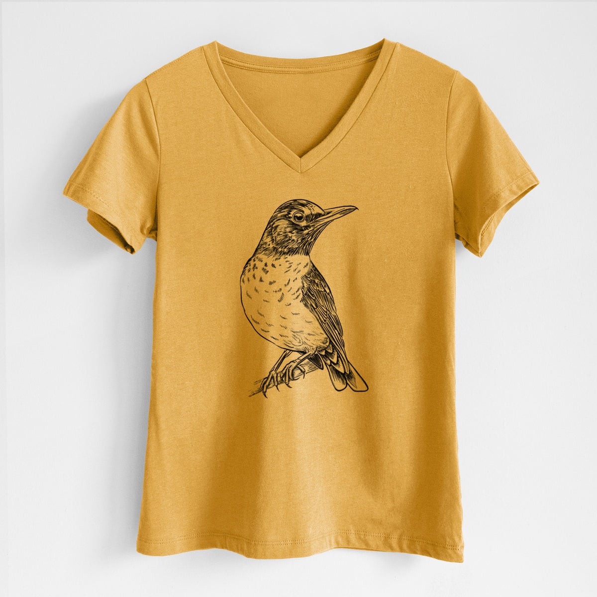 Honeycomb yellow women's relaxed fit cotton V-neck t-shirt laid flat, printed with a detailed black ink sketch of an American robin perched on a branch.