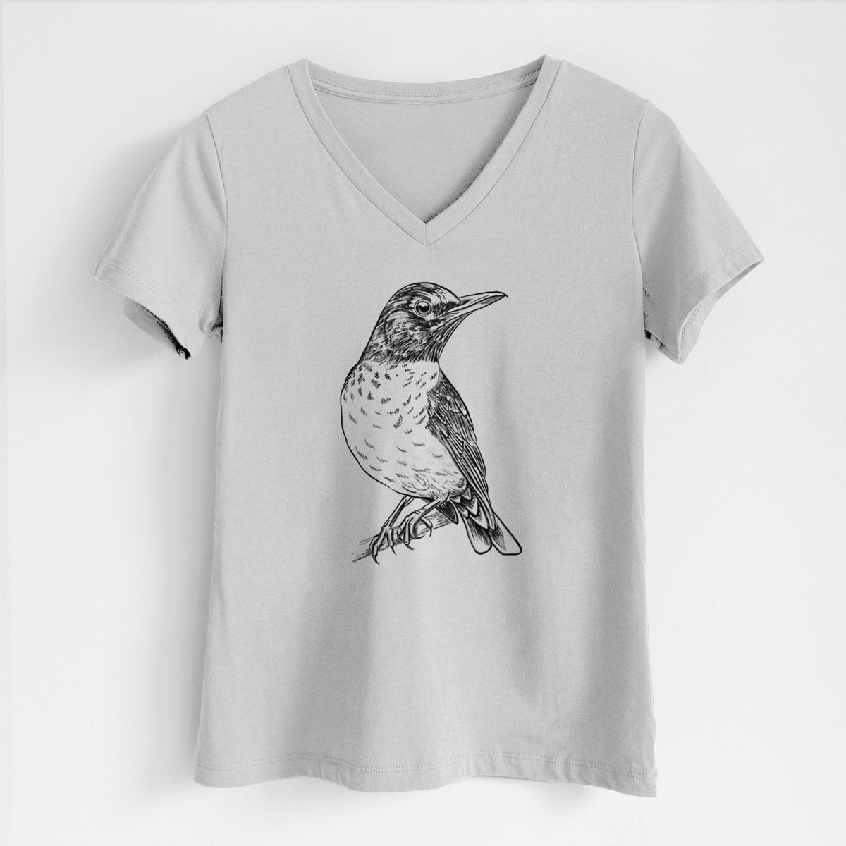 Lunar grey women's relaxed fit cotton V-neck t-shirt laid flat, printed with a detailed black ink sketch of an American robin perched on a branch.
