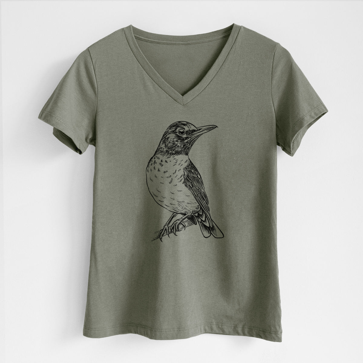 Military green women's relaxed fit cotton V-neck t-shirt laid flat, printed with a detailed black ink sketch of an American robin perched on a branch.