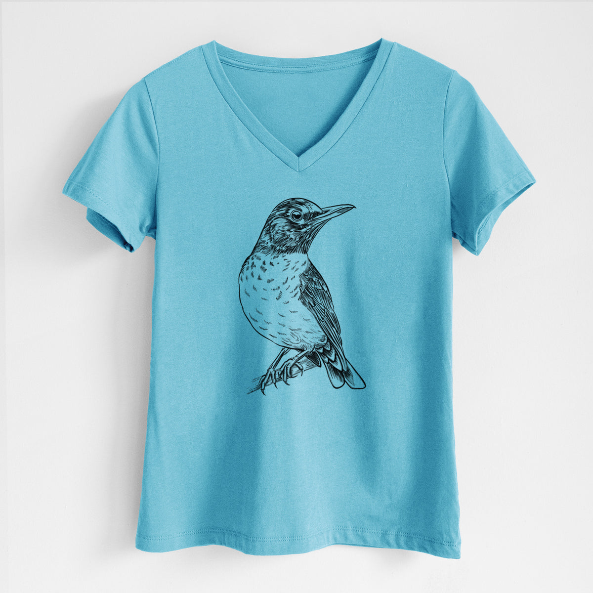 Turquoise women's relaxed fit cotton V-neck t-shirt laid flat, printed with a detailed black ink sketch of an American robin perched on a branch.