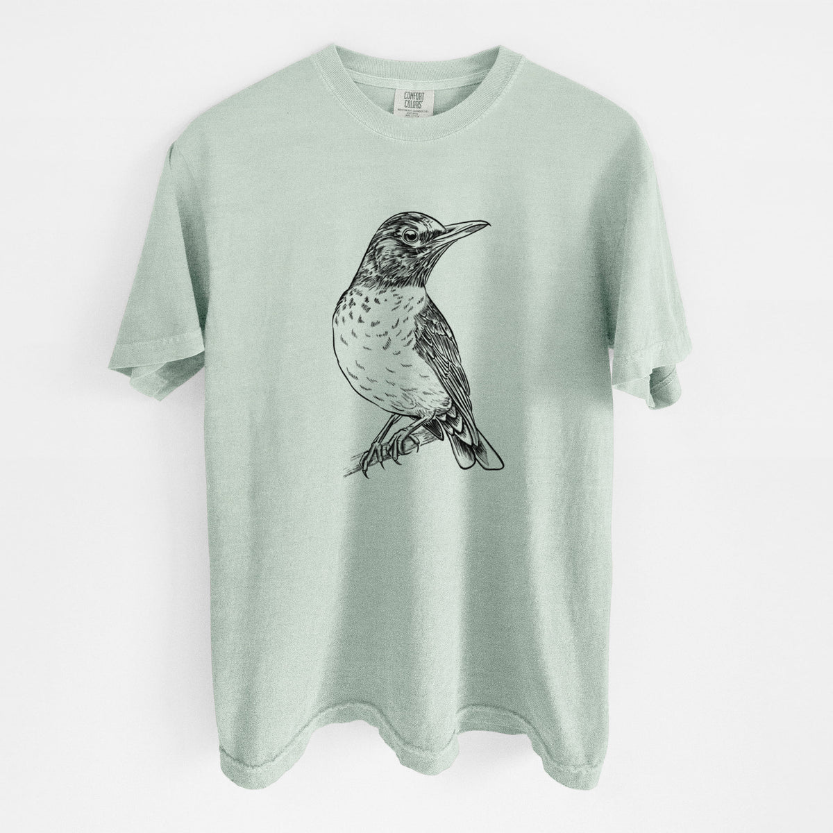 Bay green Comfort Colors t-shirt laid flat, printed with a detailed black ink sketch of an American robin perched on a branch.