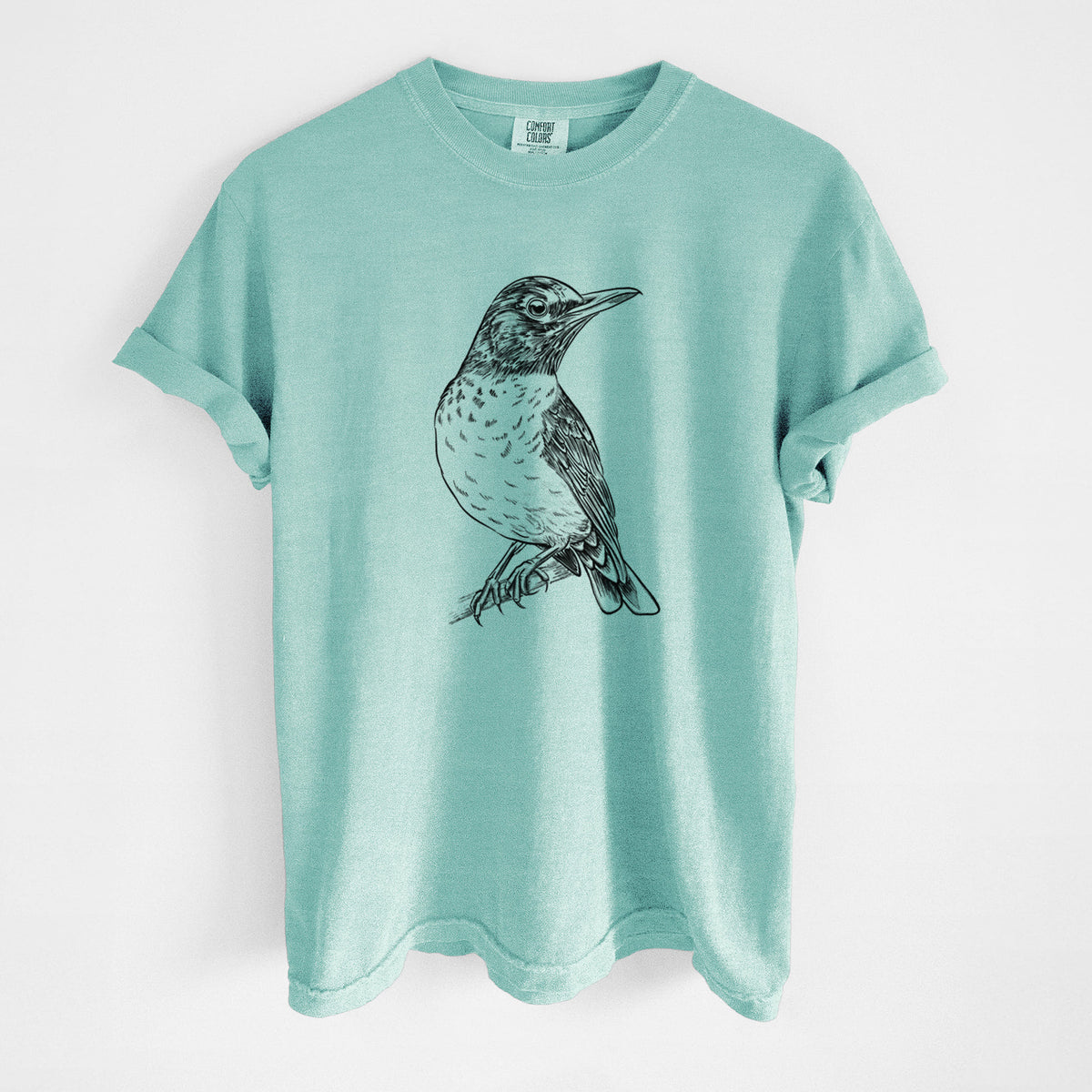 Chalky mint Comfort Colors t-shirt laid flat, printed with a detailed black ink sketch of an American robin perched on a branch.