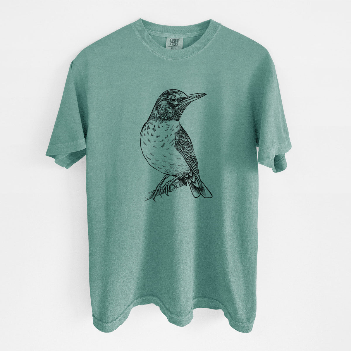 Reef green Comfort Colors t-shirt laid flat, printed with a detailed black ink sketch of an American robin perched on a branch.