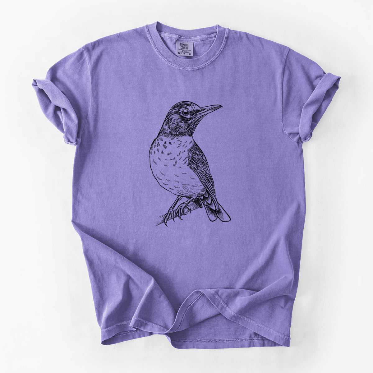 Violet purple Comfort Colors t-shirt laid flat, printed with a detailed black ink sketch of an American robin perched on a branch.